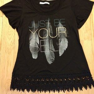 Black graphic shirt with lace detail bottom